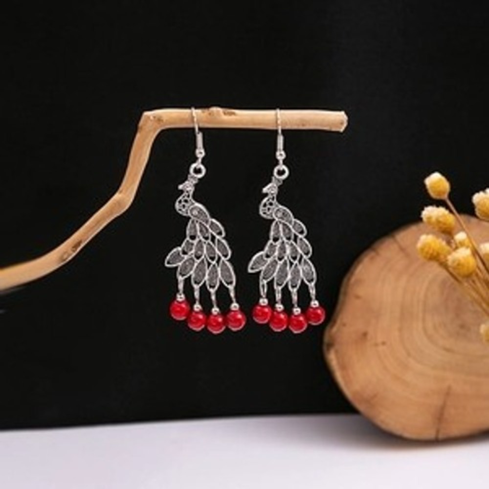 Silver Peacock Drop Earrings Red Bead Accents 925 Sterling Silver Ear Posts Boho
